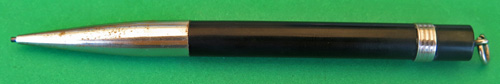 MABIE TODD (?) UNBRANDED SHORT RINGTOP PENCIL. This was either made by Mabie Todd or someone who had access to their parts. This was found in the back room of The Fountain Pen Shop in Monrovia, Ca and it was in the Mabie Todd drawer. Uses .046" leads and mechanism works both ways. Black and green with nickel plated trim.